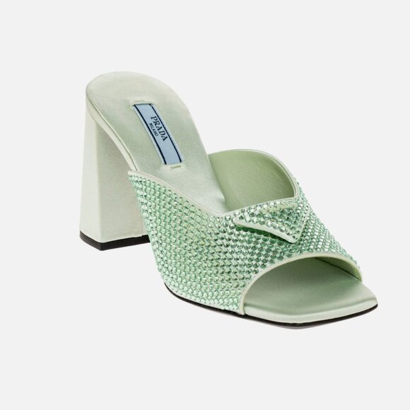 Prada 1XX642 Satin Crystal Embellished Acqua Slide Heel Sandals, 36.5 - Picture 1 of 14